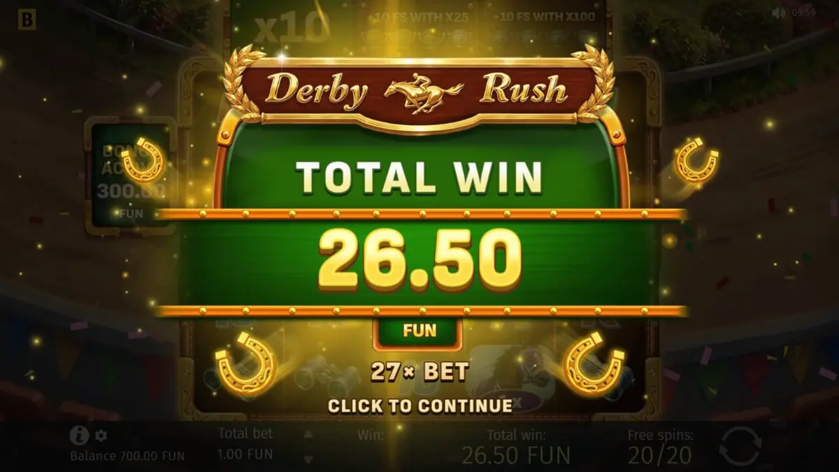 Derby Rush slot machine interface with golden racing theme