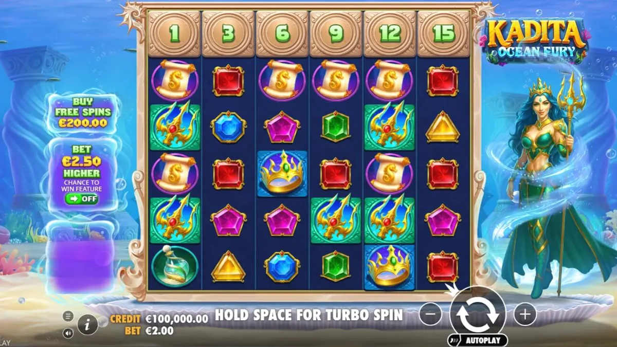 Tampilan visual slot Kadita Ocean Fury dengan tema bawah laut dan dewi mitologi.